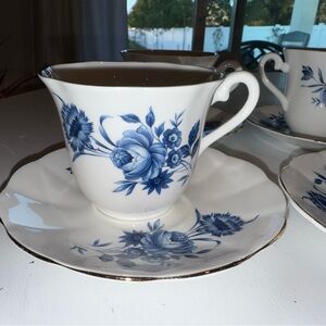 Elegant Blue Floral Teacup and Saucer Set of 4 Taylor & Kent Vintage Tea Party